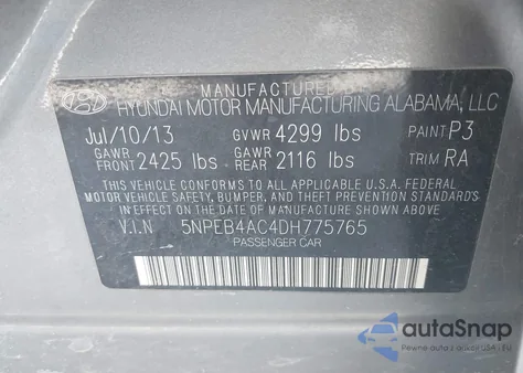 2013 Hyundai Sonata Gls из США, поврежденный, VIN 5NPEB4AC4DH775765